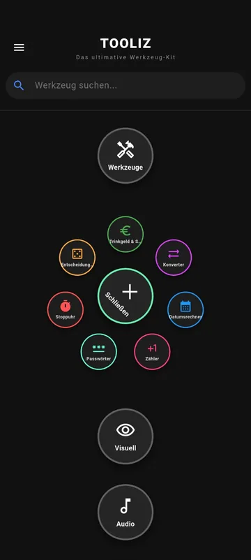 Tooliz-Screenshot: Startbildschirm mit den Tool-Kategorien