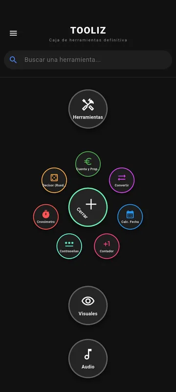 Captura de Tooliz: pantalla de inicio con las categorías
