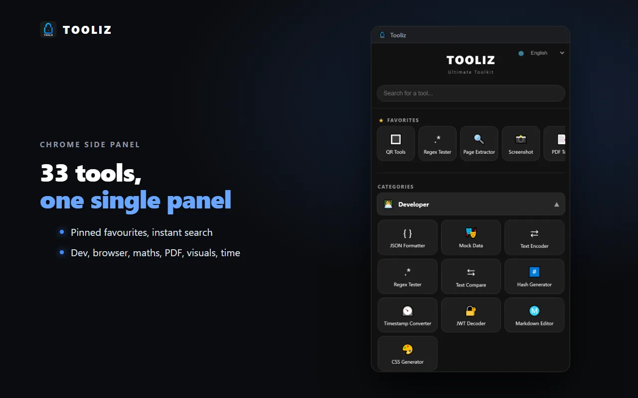 Tooliz in the browser: home screen and tool search
