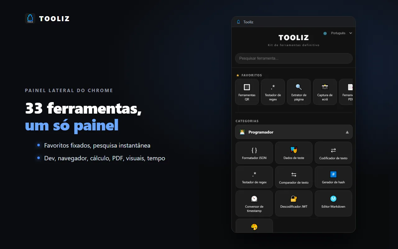 Tooliz no navegador: tela inicial e busca de ferramentas