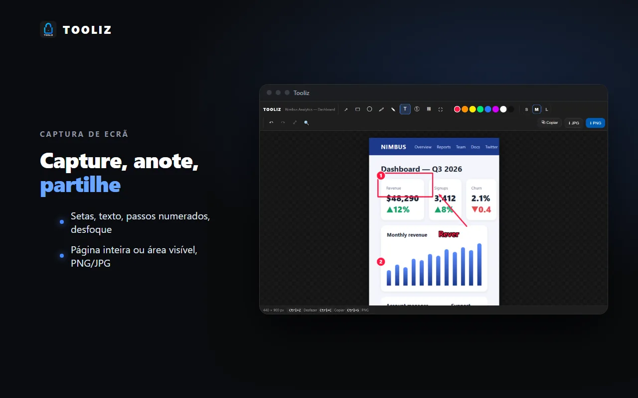 Tooliz no navegador: captura de tela anotada