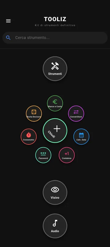 Screenshot di Tooliz: schermata iniziale con le categorie