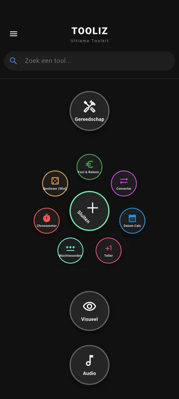 Screenshot van Tooliz: startscherm met de categorieën